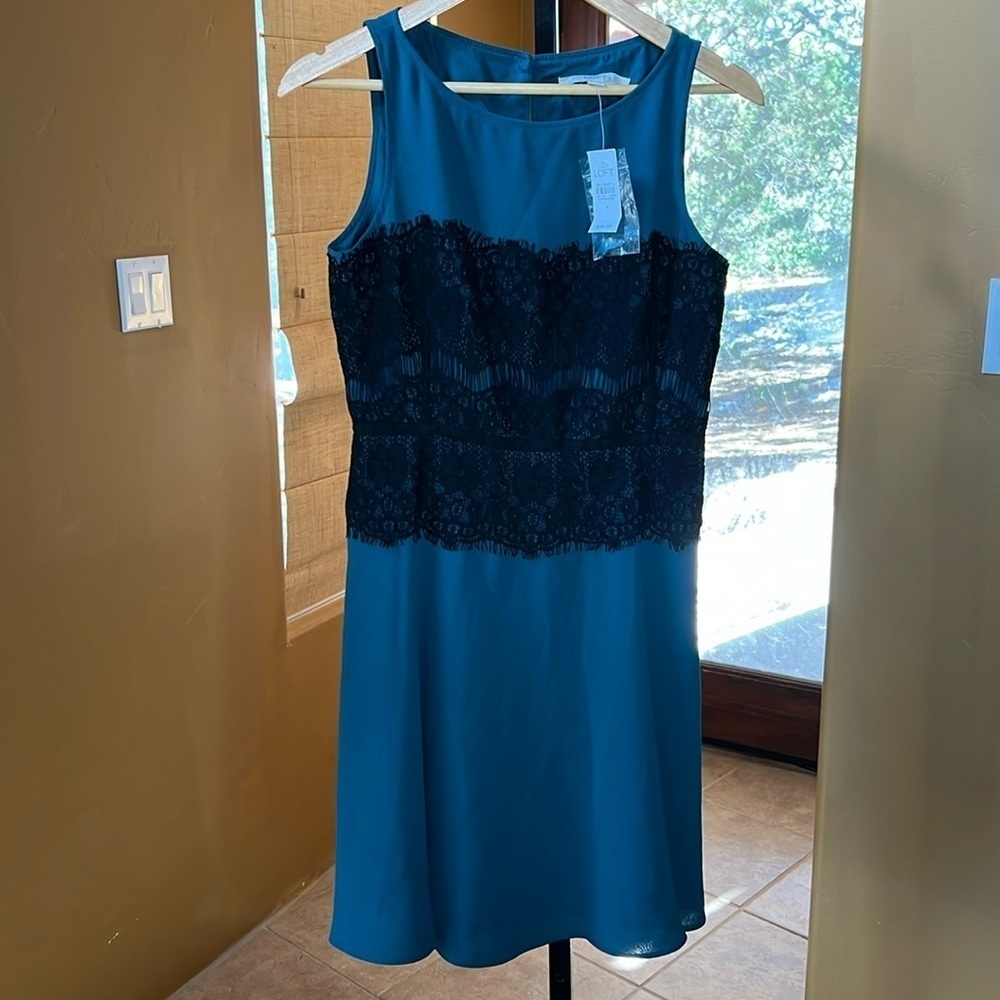 LOFT Teal & Black Lace Sleeveless Fit Flare Dress Size 4 NWT Cocktail - Picture 2 of 9